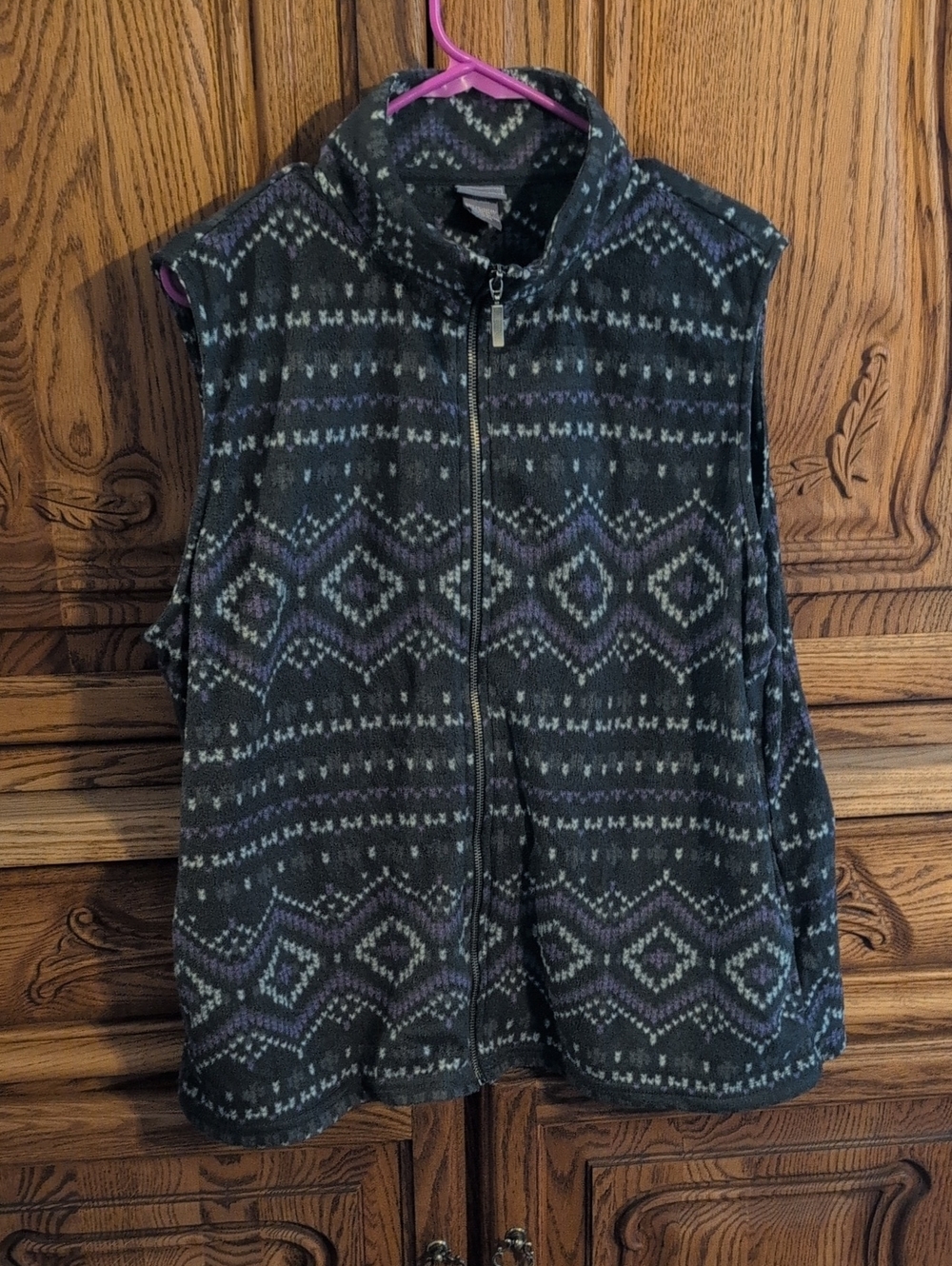 Laura Scott Black & Purple Patterned Fleece Zip Vest